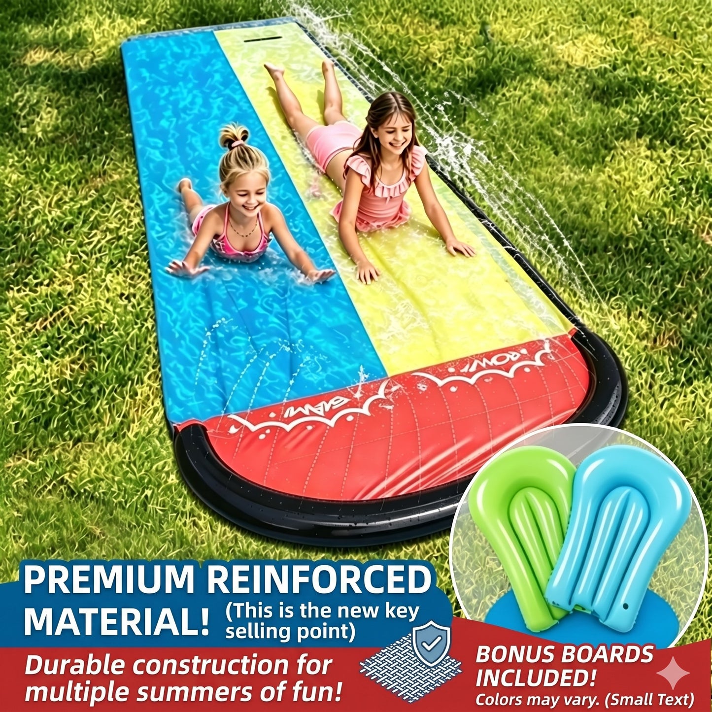 HeyGo Double Lane Water Slide with 2 Inflatable Boards 189" x 57" Lawn Slip Sprinkler for Kids and Adults Summer Outdoor Fun Toy