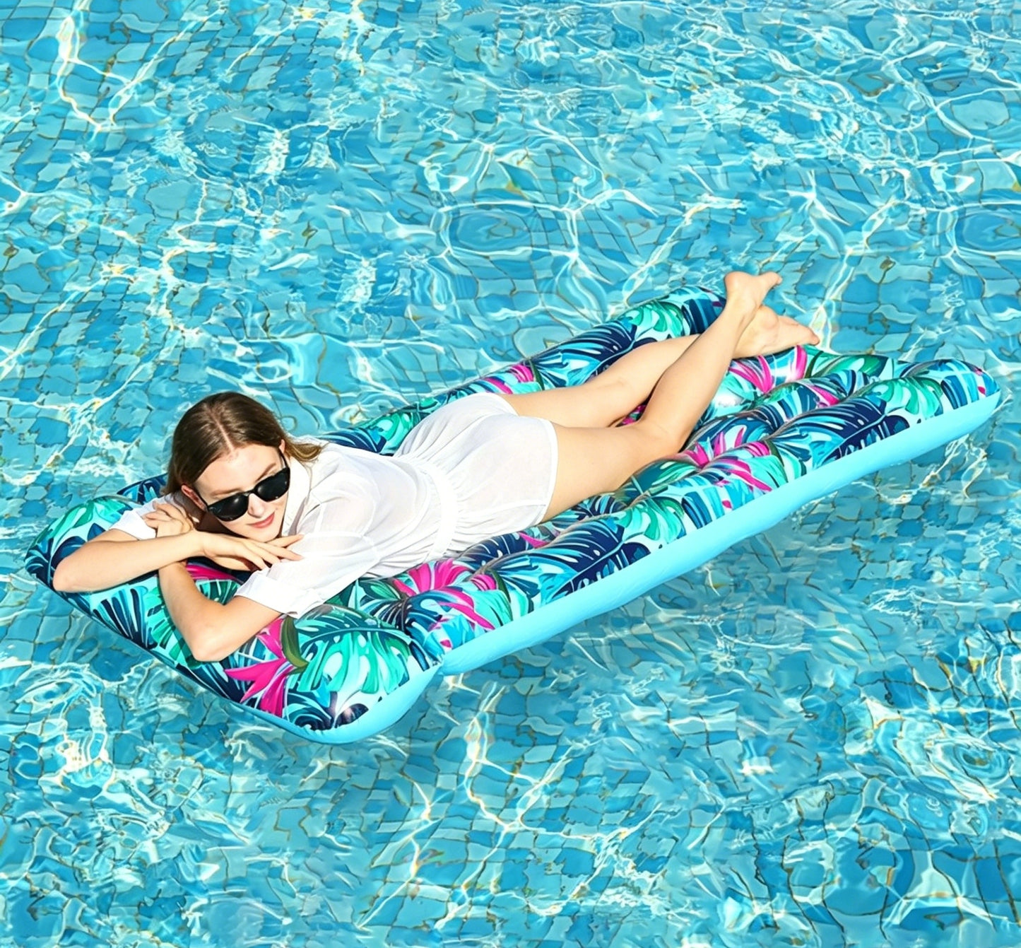 HeyGo 71" x 34" Inflatable Pool Float, 21-Hole Blue Adult Lounger with Headrest and Drink Holder, Heavy Duty Lake & Beach Raft