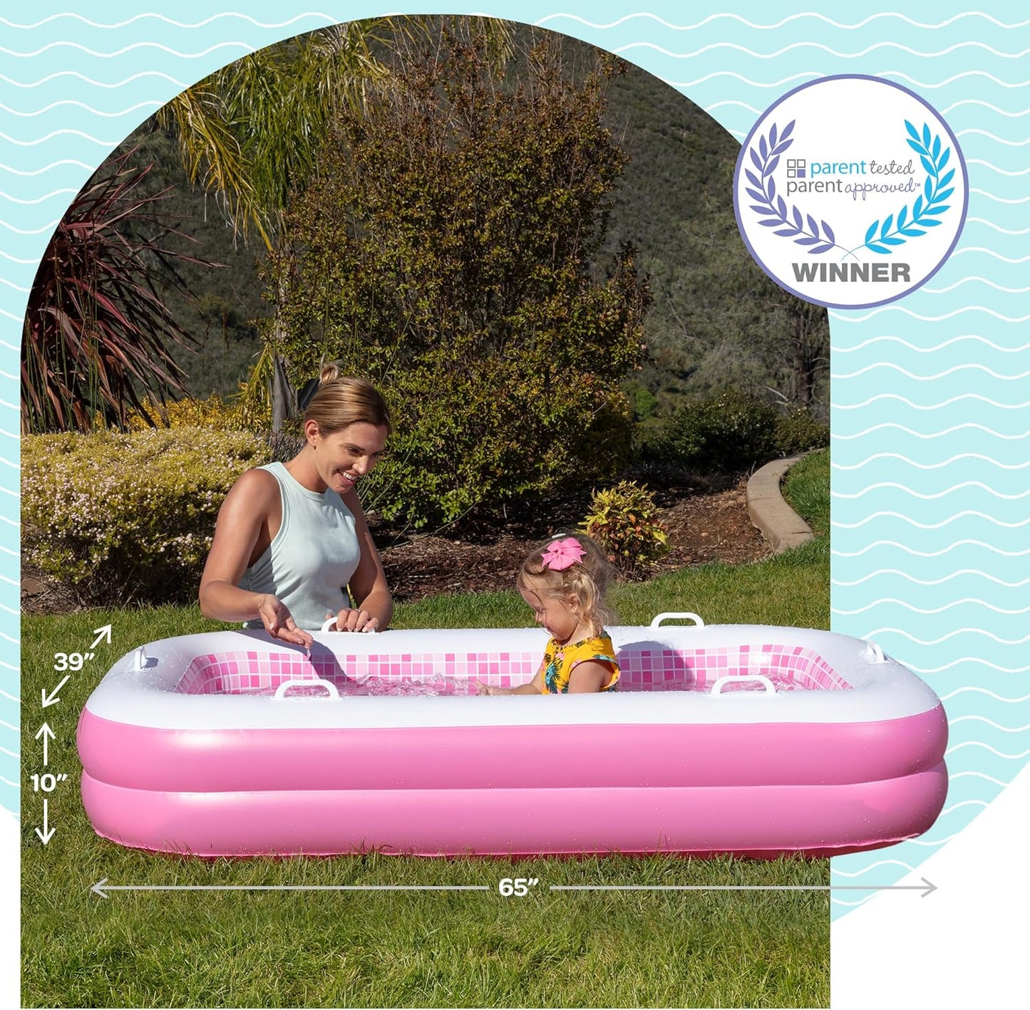 Jasonwell 2-in-1 Inflatable Kiddie Pool 65"x39"x10", Soft Cushioned Floor, Handles, Drain, Shallow Rectangular Pool for Kids 2+, Playful Pink