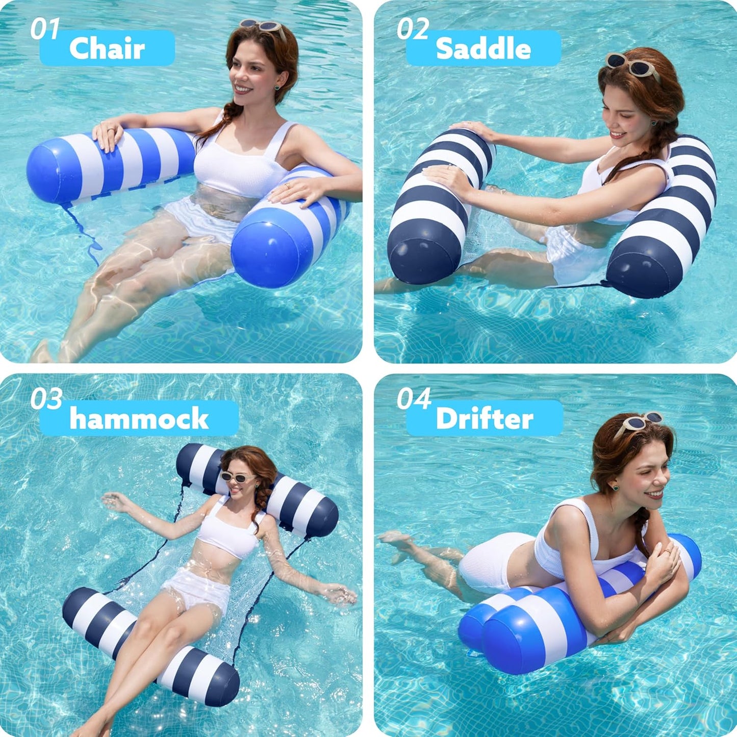 Jasonwell 2-Pack Hammock Pool Floats for Adults – 4-in-1 Inflatable Lounge Floats, PVC, Blue & Navy Blue, 48" x 31.5"