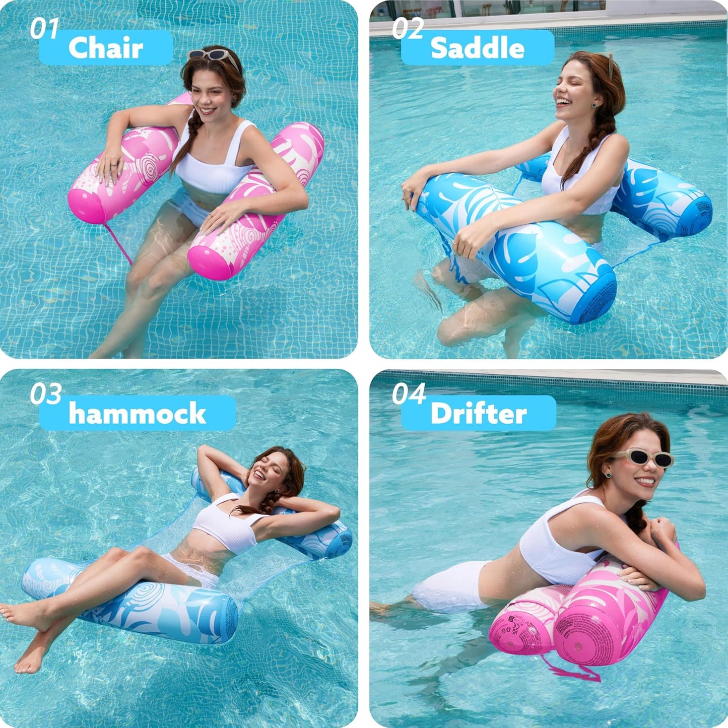 Jasonwell 2-Pack Hammock Pool Floats for Adults – 4-in-1 Inflatable Lounge Floats, PVC, Blue & Pink, Large