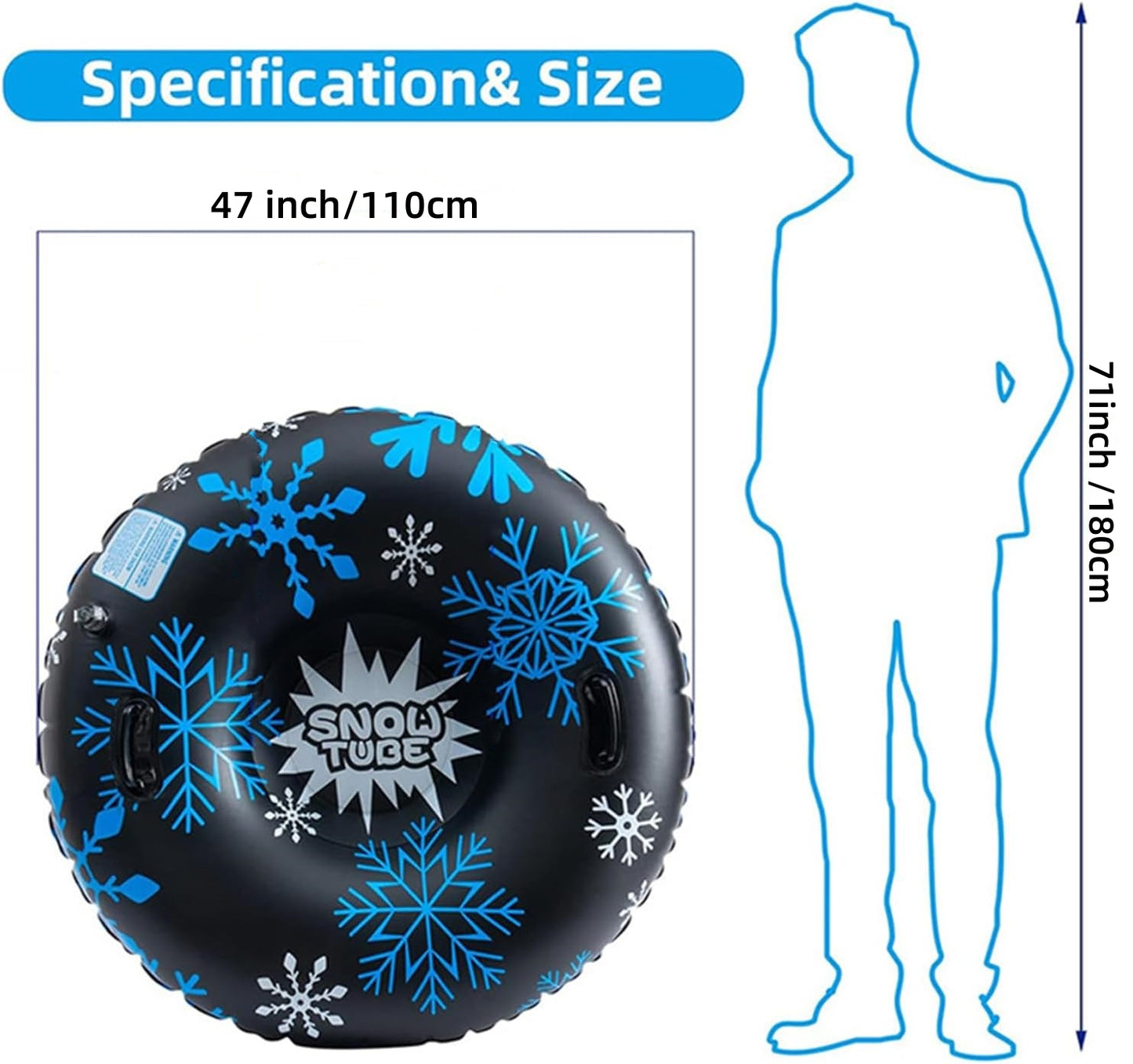 47 Inch Black Inflatable Snow Tube, Heavy-Duty PVC Sled with Sturdy Handles, Family Winter Outdoor Sledding Toy for Christmas & Thanksgiving Holiday Activities