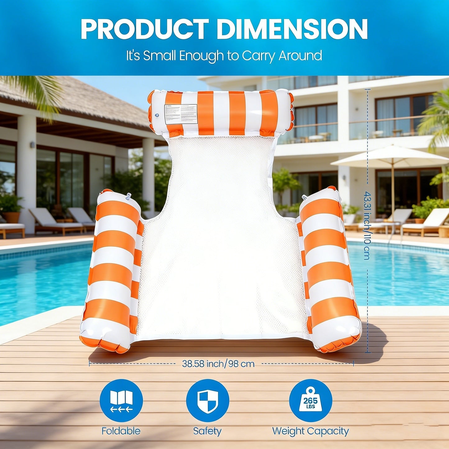 Jasonwell 2-Pack Inflatable Pool Floats – 4-in-1 Hammock with Mesh Bottom, Floating Chair Bed for Adults, Dark Blue & Orange