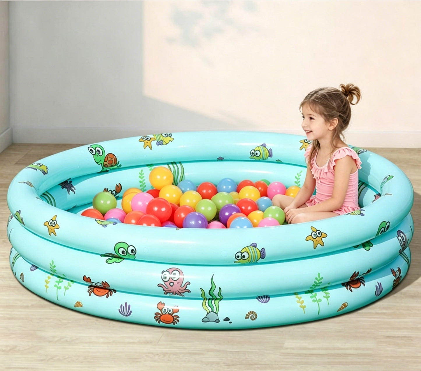 HeyGo 51"x15" Inflatable Kiddie Pool, Green 3-Ring Baby Pool with Thick Bubble Bottom & Sea Animal Print for Backyard Fun