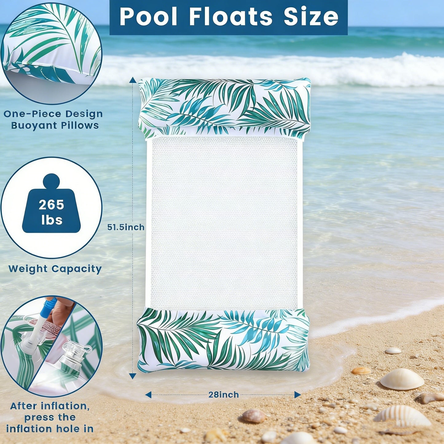 Jasonwell 2-Pack Pool Floats for Adults, 4-in-1 Inflatable Loungers, PVC Water Hammocks, Large, Multicolor, Vacation Ready