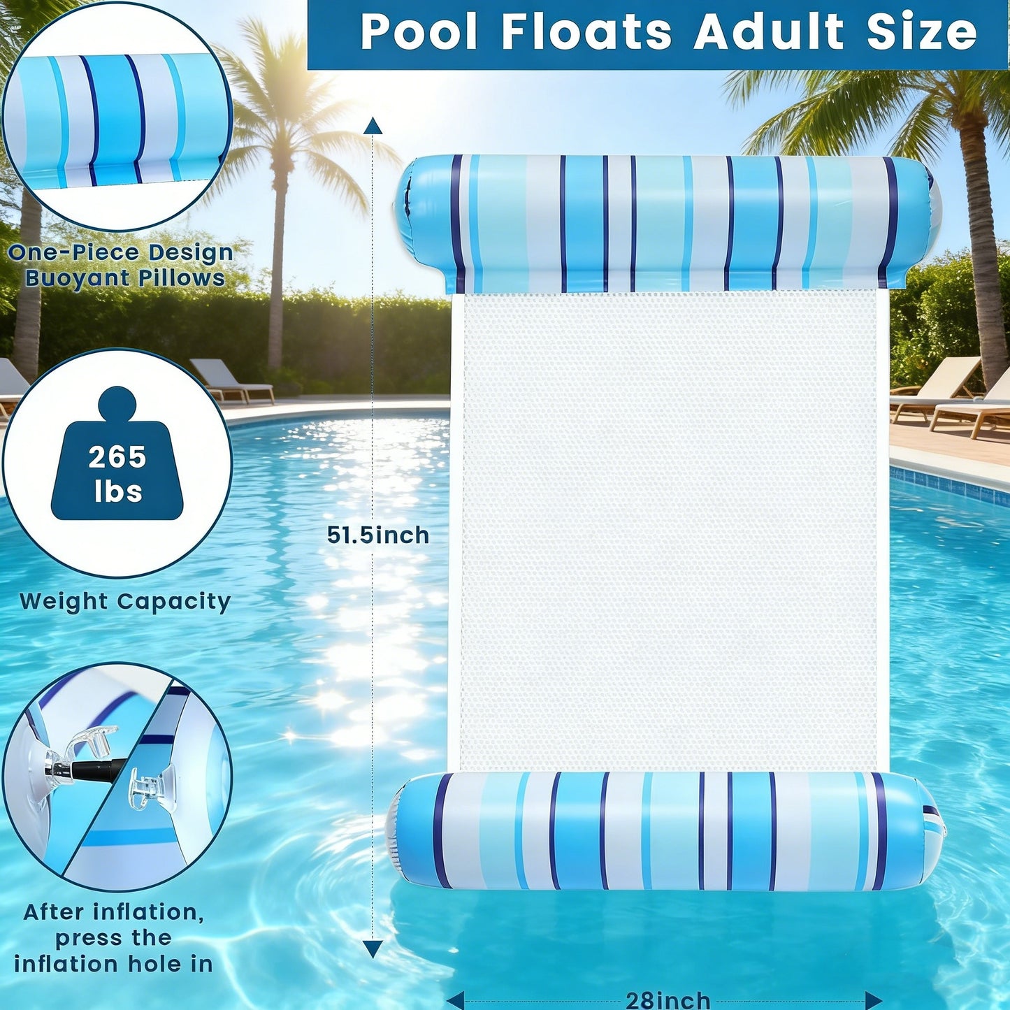 Jasonwell 2-Pack Pool Floats for Adults, 4-in-1 Inflatable Loungers, PVC Water Hammocks, Blue & Green Stripes, Large