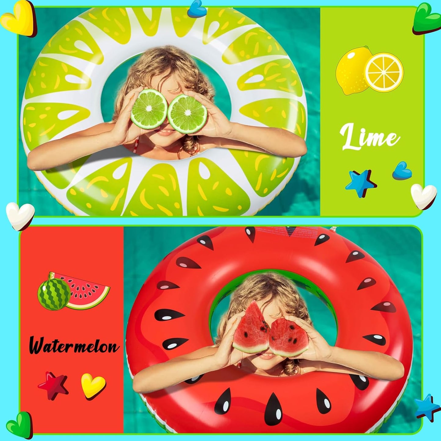 Jasonwell 2PCS Fruit Pool Floats - Watermelon & Lime Inflatable Swimming Rings for Kids & Adults, Multi-Color