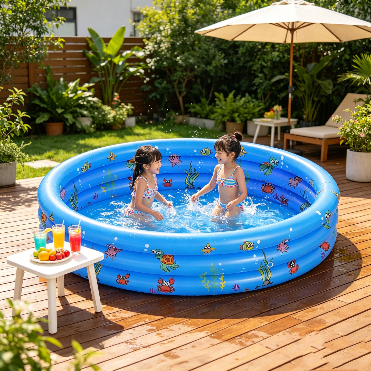 HeyGo 40"x15" Inflatable Kiddie Pool - 3-Ring Blue Baby Swimming Pool with Sea Animal Prints for Toddlers Backyard Summer Fun
