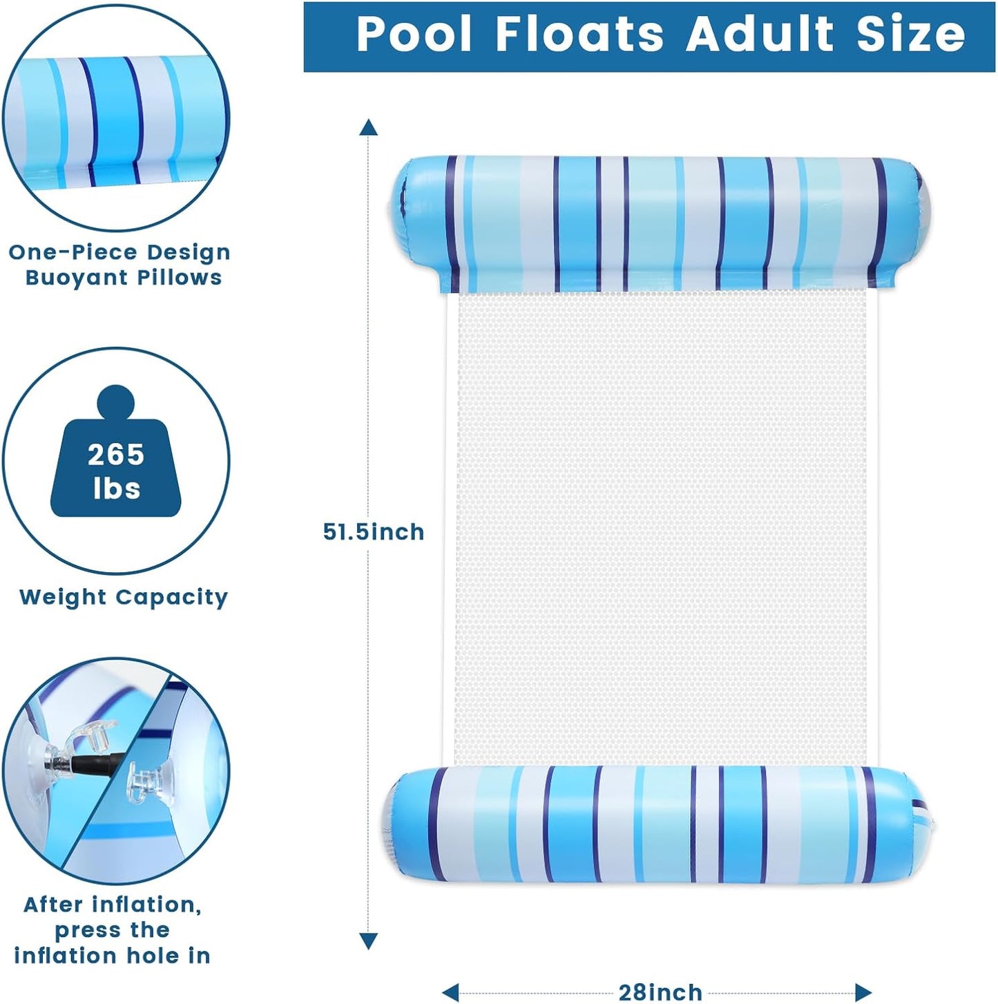Jasonwell 2-Pack Pool Floats for Adults, 4-in-1 Multi-Purpose Inflatable Loungers, PVC Water Hammocks, Blue & Green Stripes, Large