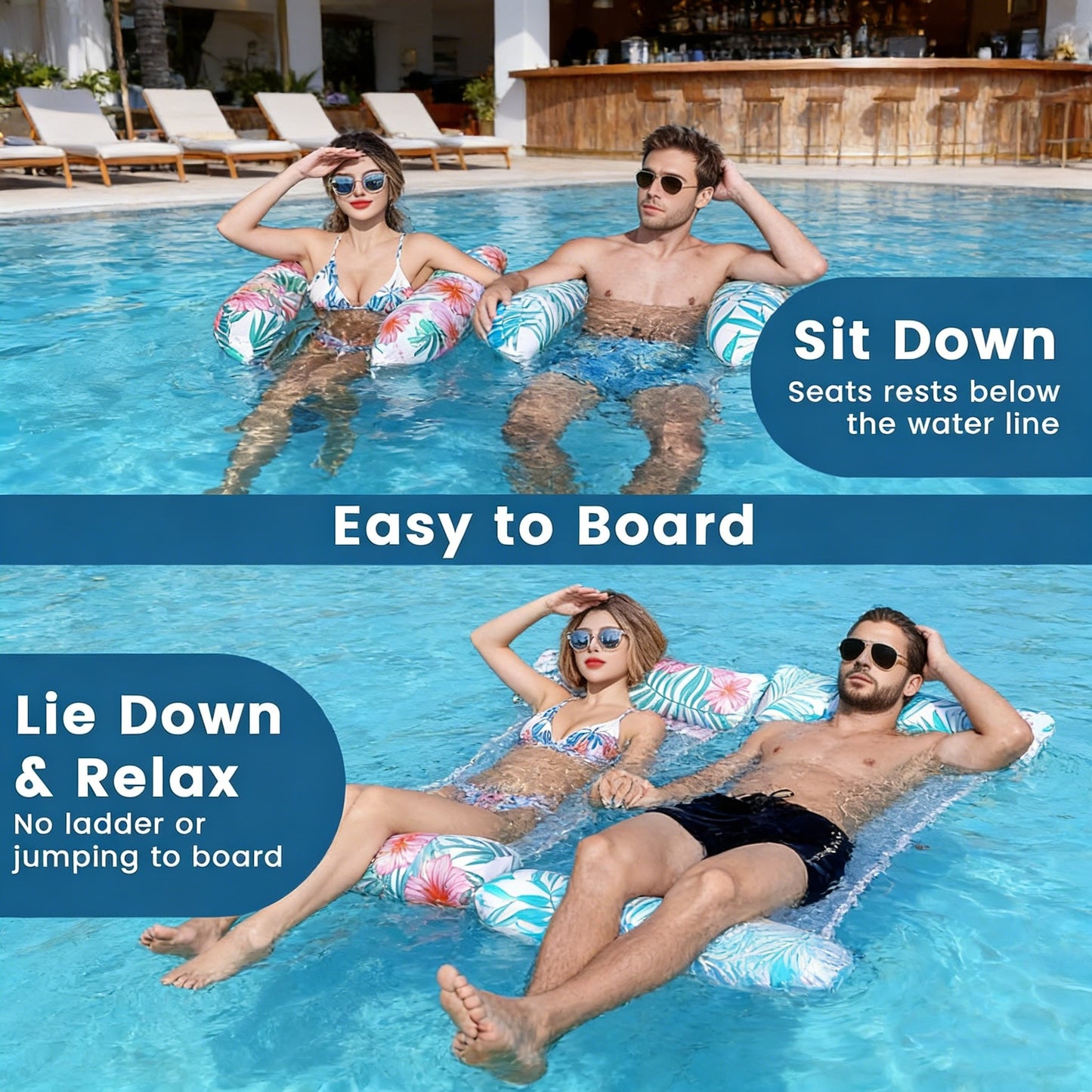 Jasonwell 2-Pack Pool Floats for Adults, 4-in-1 Inflatable Loungers, PVC Water Hammocks, Large, Multicolor, Vacation Ready