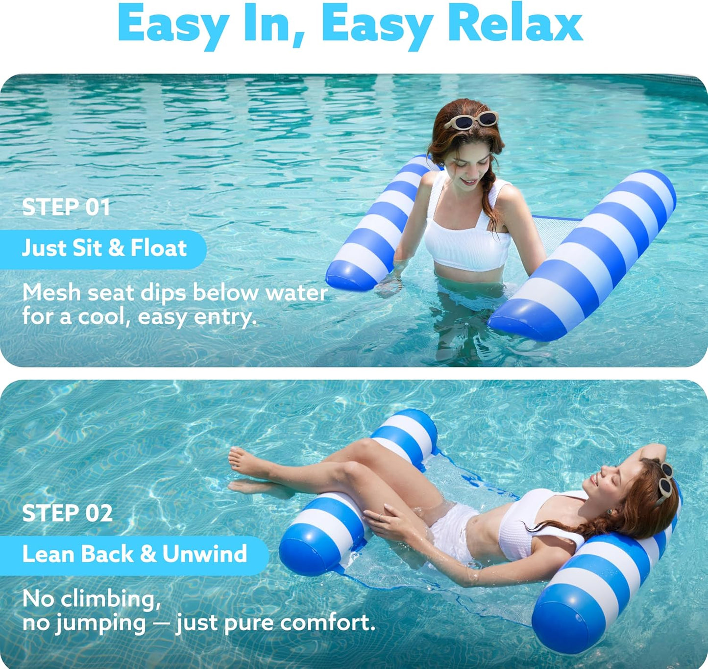 Jasonwell 2-Pack Hammock Pool Floats for Adults – 4-in-1 Inflatable Lounge Floats, PVC, Blue & Retro Green, 48" x 31.5"