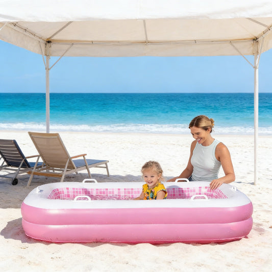 Jasonwell 2-in-1 Inflatable Kiddie Pool 65"x39"x10", Soft Cushioned Floor, Handles & Drain, Rectangular Pool for Kids 2+, Pink