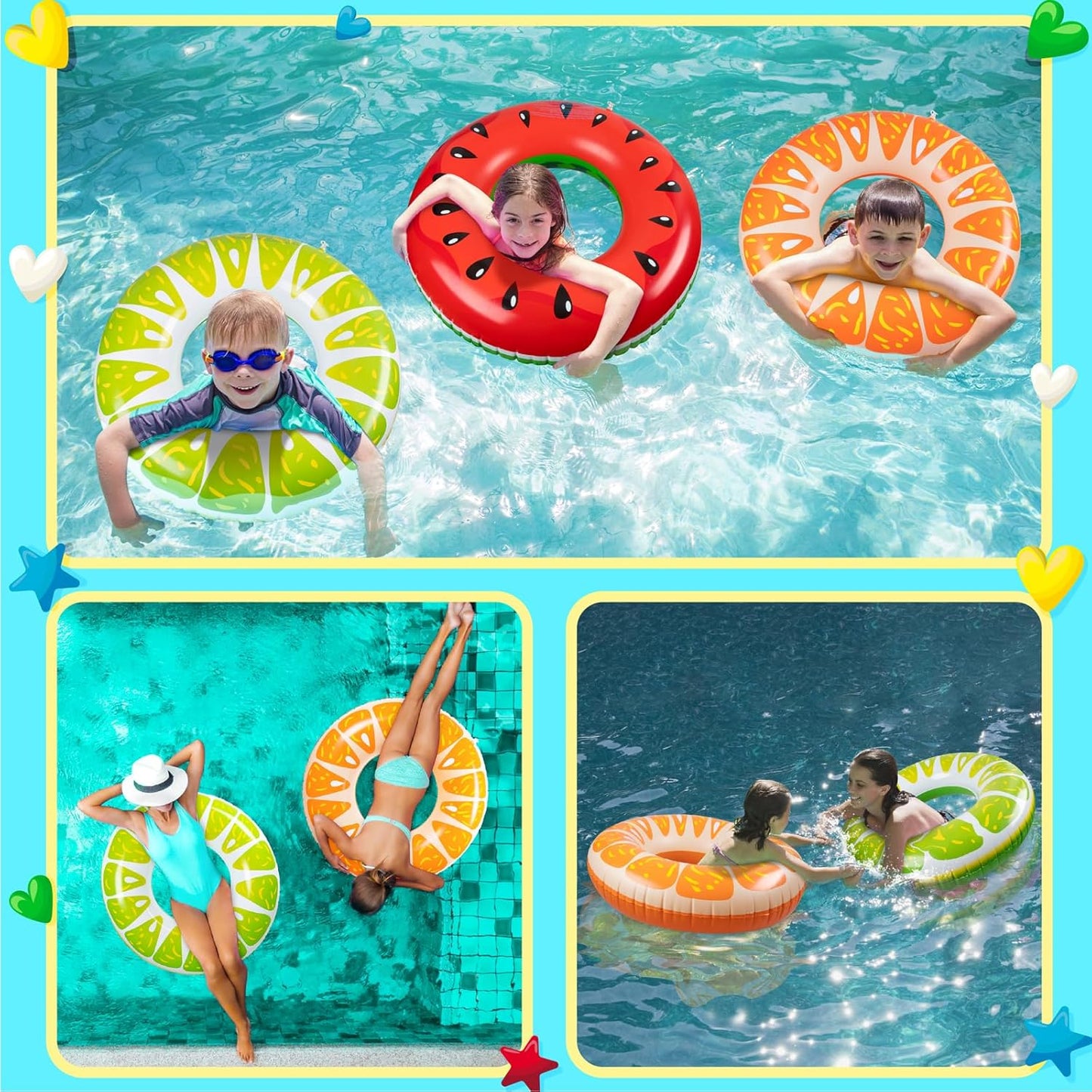 Jasonwell 3PCS Fruit Pool Floats – Watermelon, Orange & Lime Inflatable Swimming Rings for Kids & Adults, Colorful Set