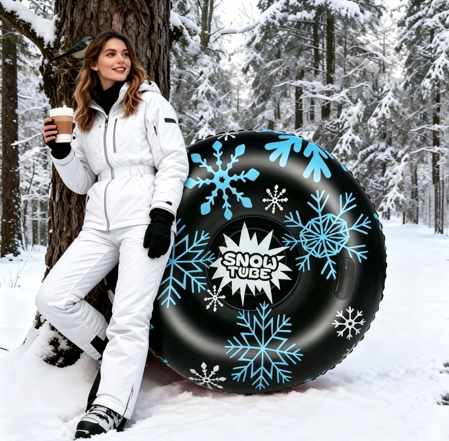 47 Inch Black Inflatable Snow Tube, Heavy-Duty PVC Sled with Sturdy Handles, Family Winter Outdoor Sledding Toy for Christmas & Thanksgiving Holiday Activities