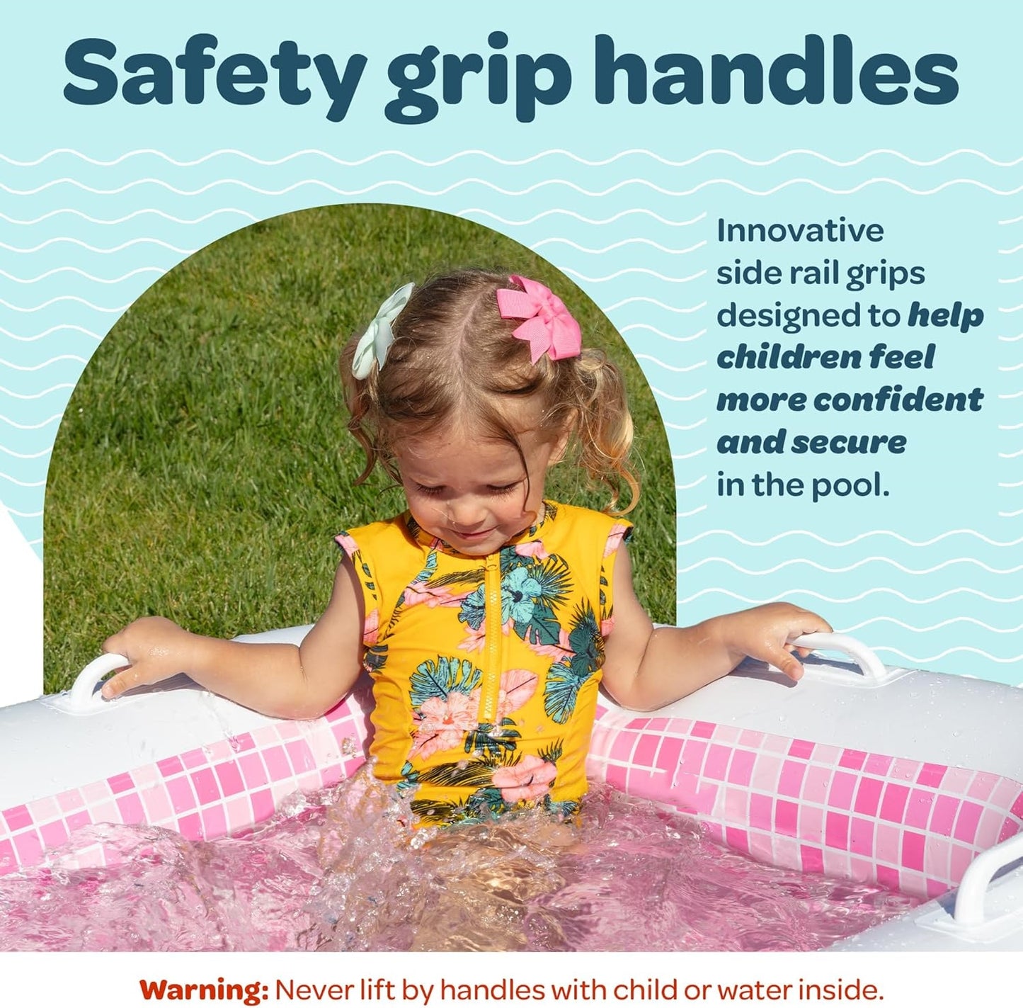 Jasonwell 2-in-1 Inflatable Kiddie Pool 65"x39"x10", Soft Cushioned Floor, Handles, Drain, Shallow Rectangular Pool for Kids 2+, Playful Pink