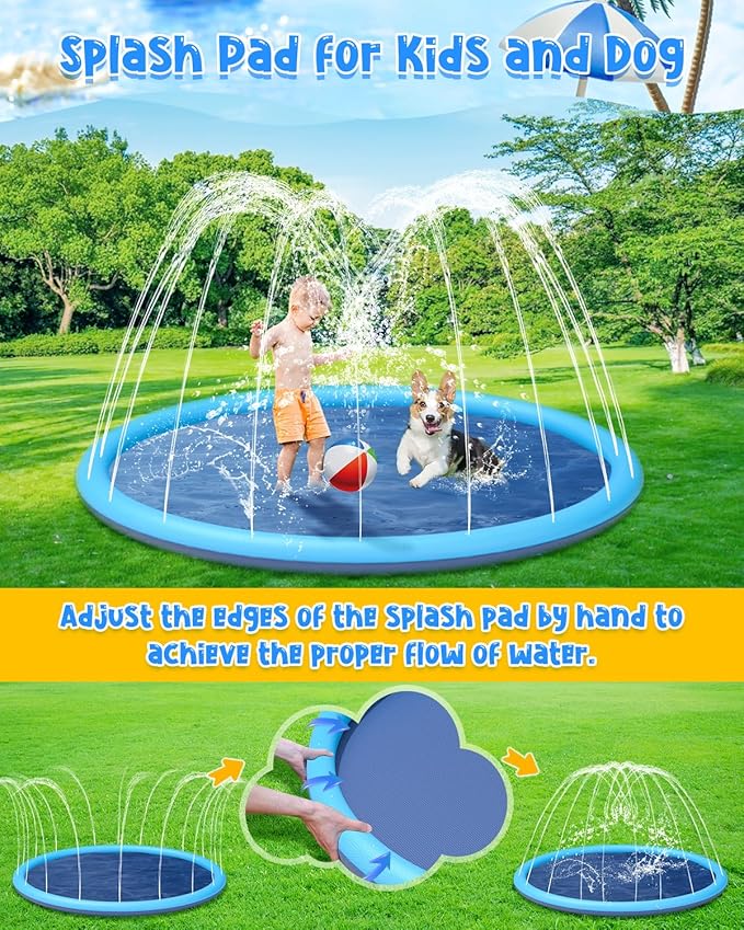 HeyGo 59" Non-Slip Splash Pad for Kids & Dogs Thick Blue Sprinkler Water Toy for Summer Fun in Yard or Pool