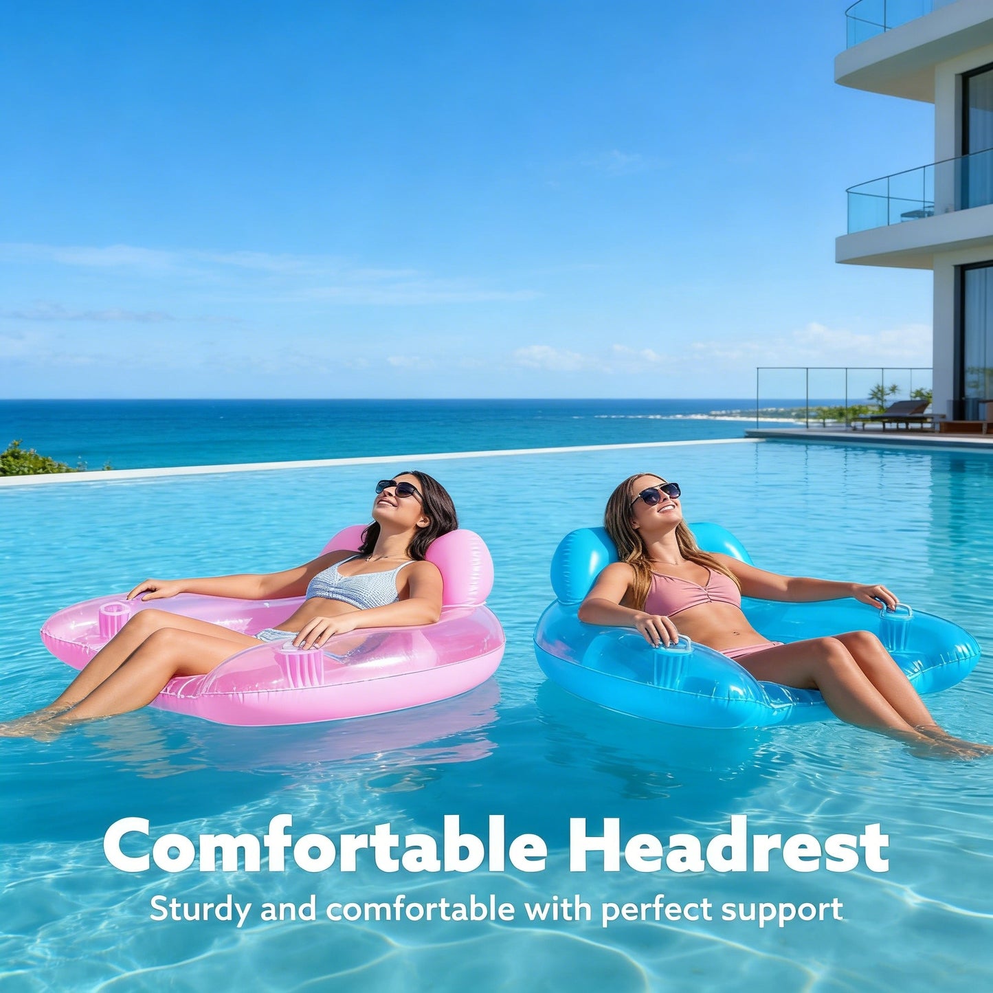 Jasonwell 2-Pack Inflatable Pool Chairs with Cup Holders, 49"x35" Hammock Noodle Mat for Summer Fun, Blue & Pink