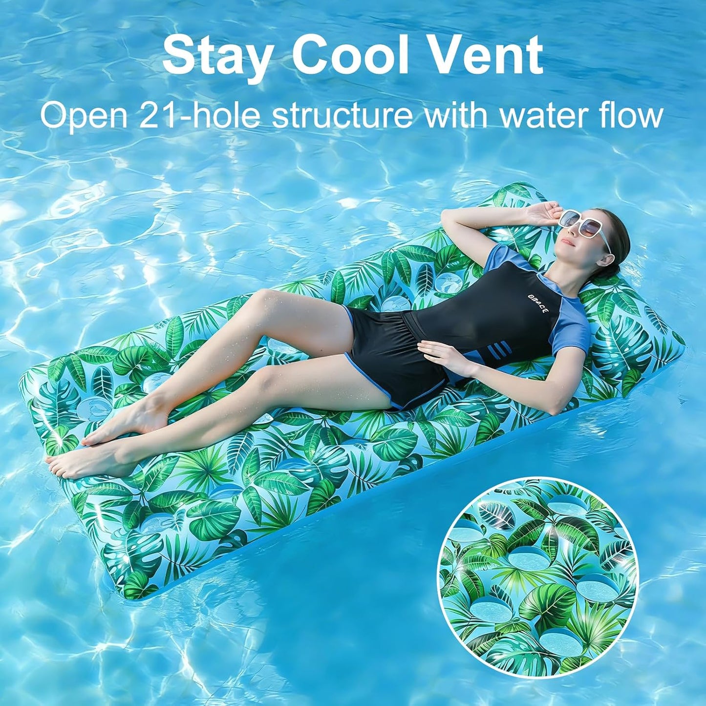 HeyGo 2-Pack 21-Hole Inflatable Pool Floats (Blue & Green, 71x34 in) Adult Lounger Raft with Cup Holder for Lake & Beach