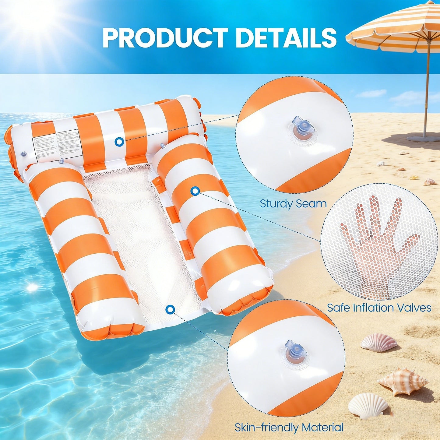 Jasonwell 2-Pack Inflatable Pool Floats – 4-in-1 Hammock with Mesh Bottom, Floating Chair Bed for Adults, Dark Blue & Orange