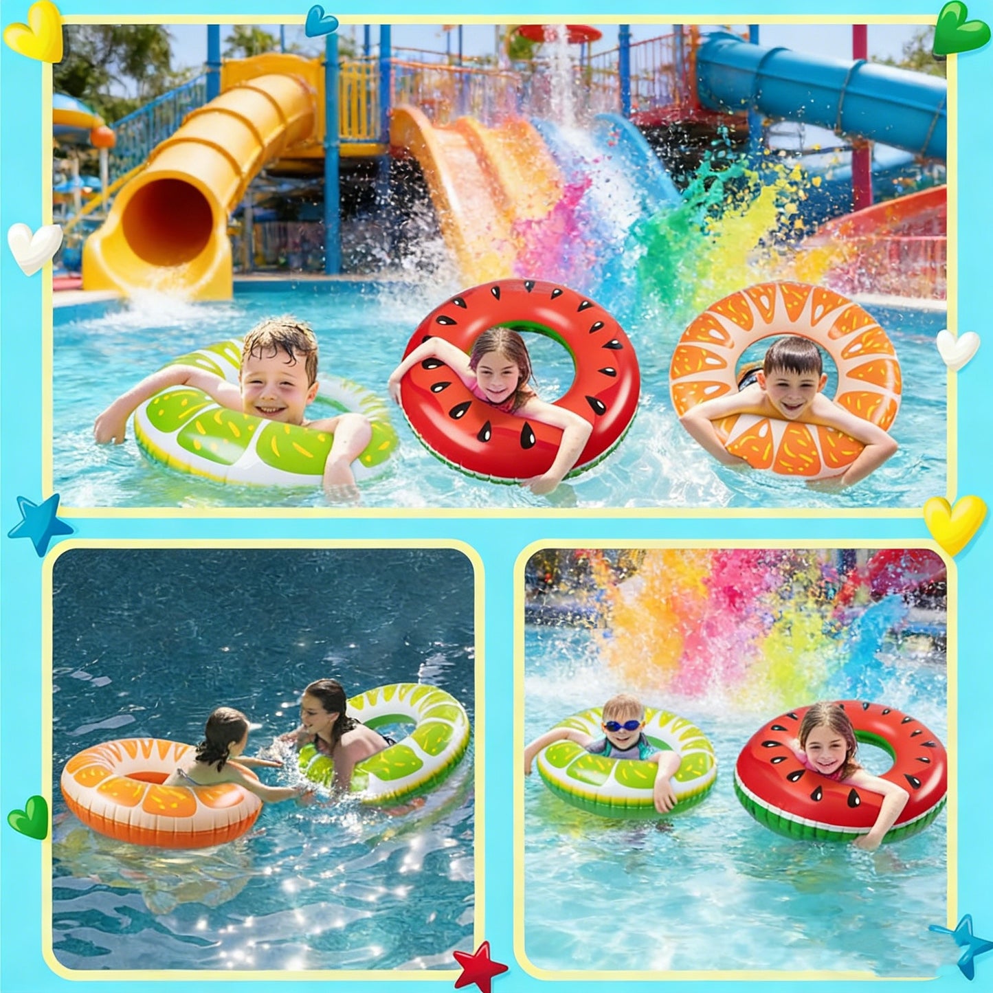 Jasonwell 2PCS Fruit Pool Floats - Watermelon & Lime Inflatable Rings for Kids & Adults, Vibrant Multi-Color Design