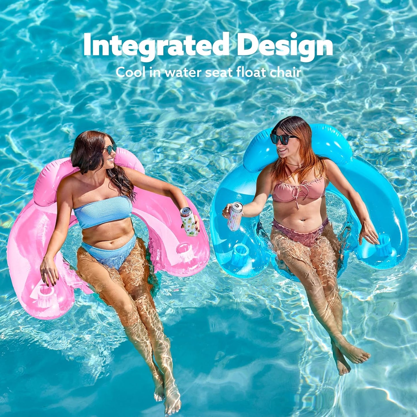 Jasonwell 2-Pack Inflatable Pool Chairs with Cup Holders, 49"x35" Blow-up Hammock Noodle Mat for Summer Fun, Blue & Pink