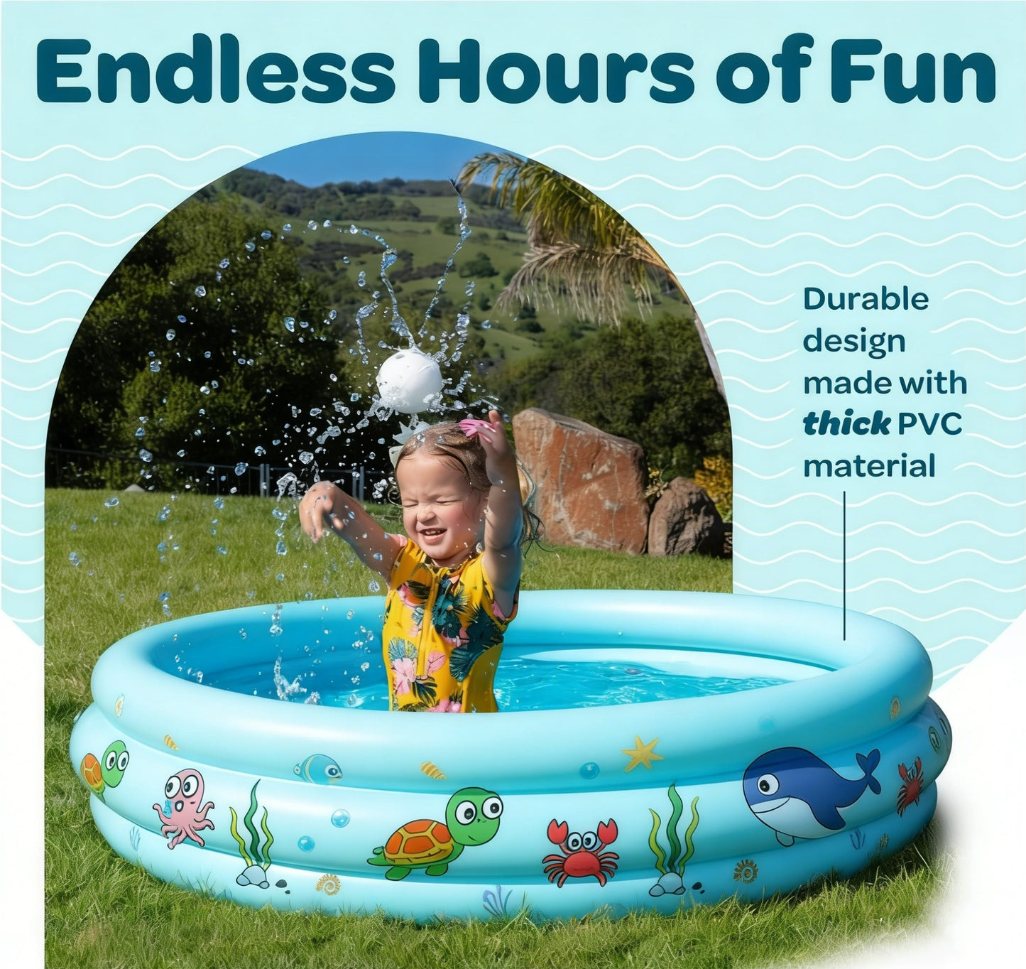 HeyGo 51"x15" Inflatable Kiddie Pool, Green 3-Ring Baby Pool with Thick Bubble Bottom & Sea Animal Print for Backyard Fun
