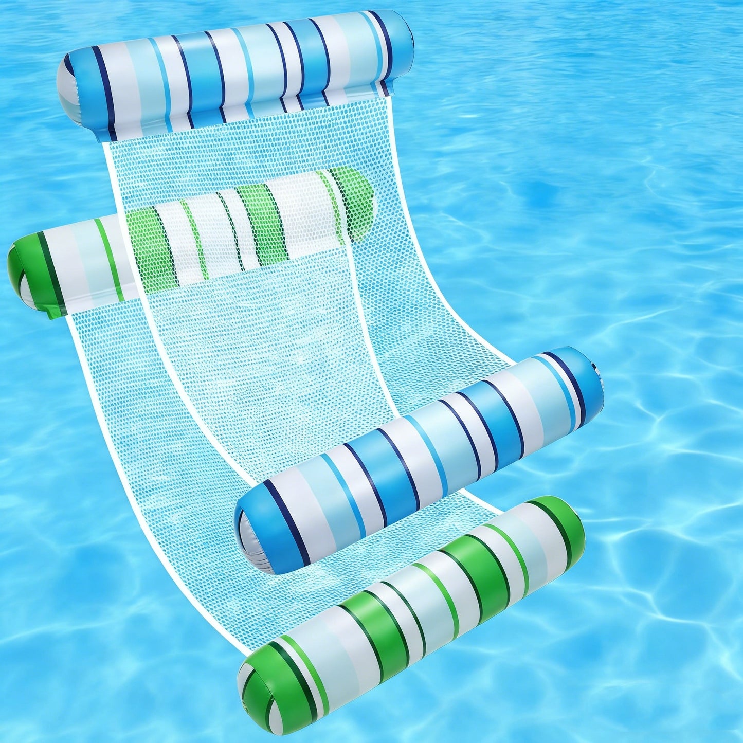 Jasonwell 2-Pack Pool Floats for Adults, 4-in-1 Inflatable Loungers, PVC Water Hammocks, Blue & Green Stripes, Large