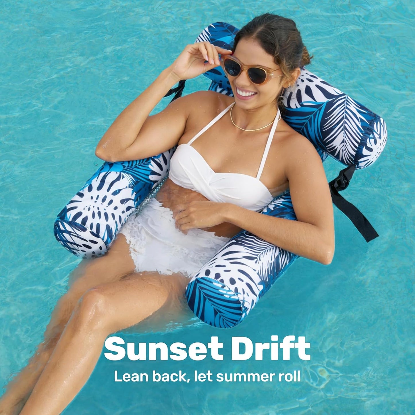 HeyGo Inflatable Pool Float Adult Lounge Chair - Blue Plant Pattern Cloth Floating Mat for Summer Lake & Beach, 46" x 33"