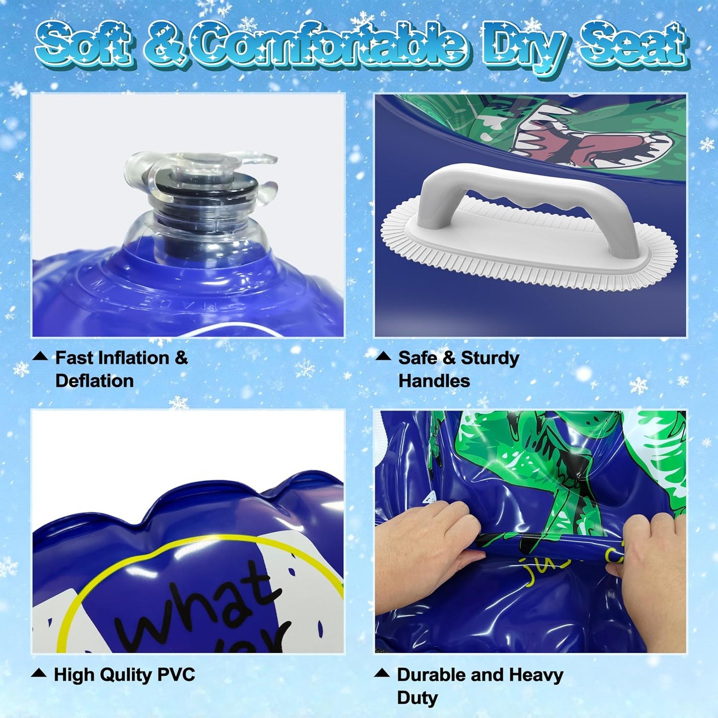 Dinosaur Inflatable Snow Tube, Thickened Heavy-Duty PVC Sled with Reinforced Bottom & 2 Handles, Winter Snow Sled for Skiing, Outdoor Games, Halloween & Christmas Activities