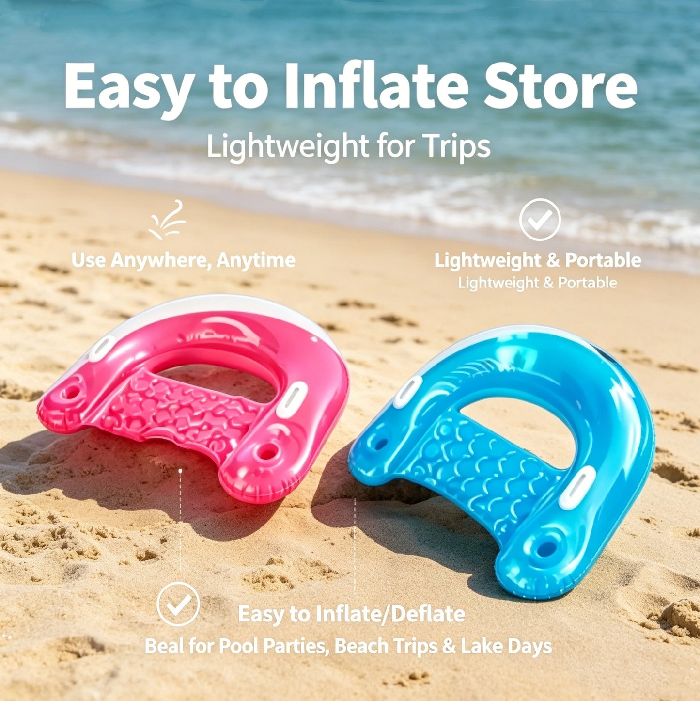 HeyGo 2-Pack U-Shaped Pool Float Lounge Chairs with Cup Holders (Red & Blue, 45x34 in) for Beach & Summer Water Fun