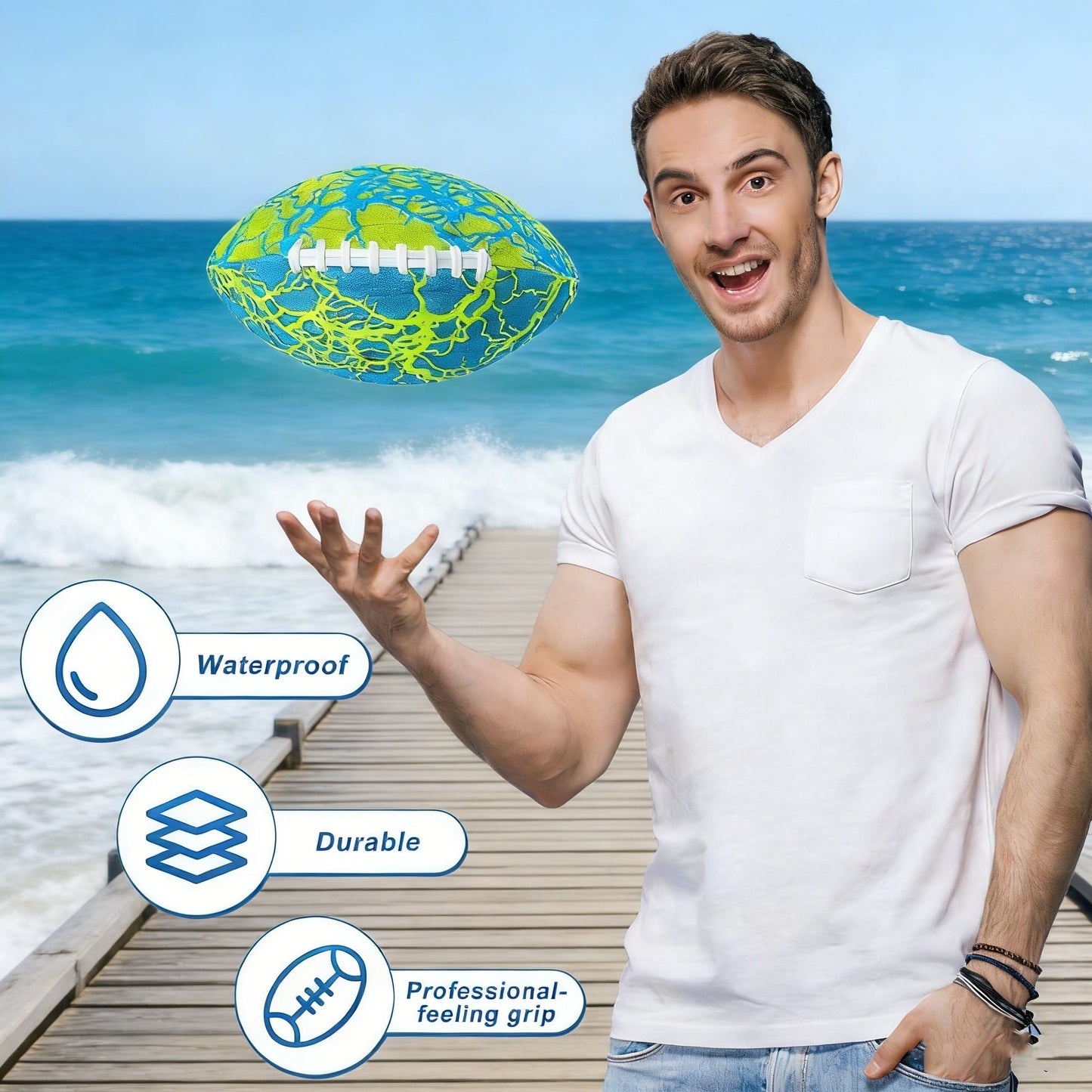 Jasonwell 2-Pack Waterproof All-Weather Pool & Beach Footballs with Pump - Fun Sports Toy for Kids & Adults