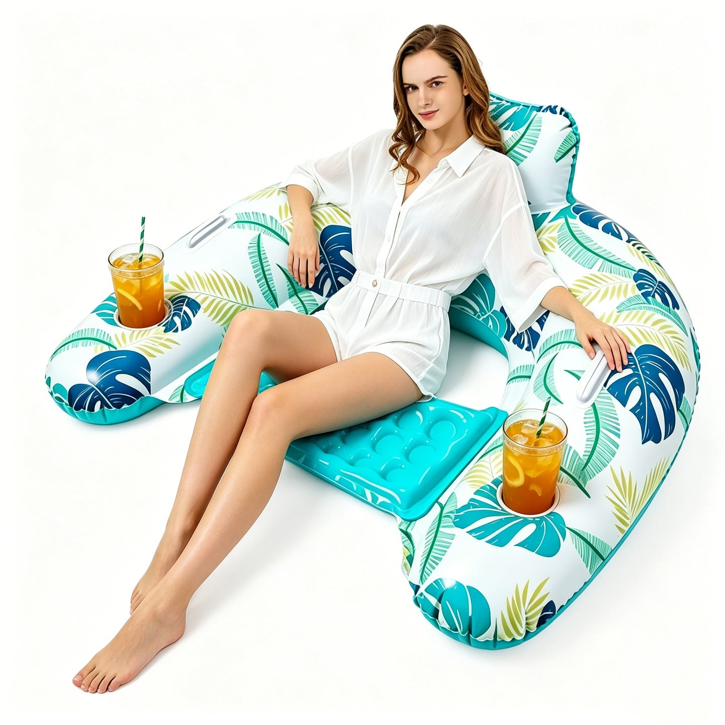 HeyGo 44"x37" Blue Inflatable Pool Float Chair, U-Shaped Hammock Lounger with Cupholders - Comfort Seating for Summer Pool Fun