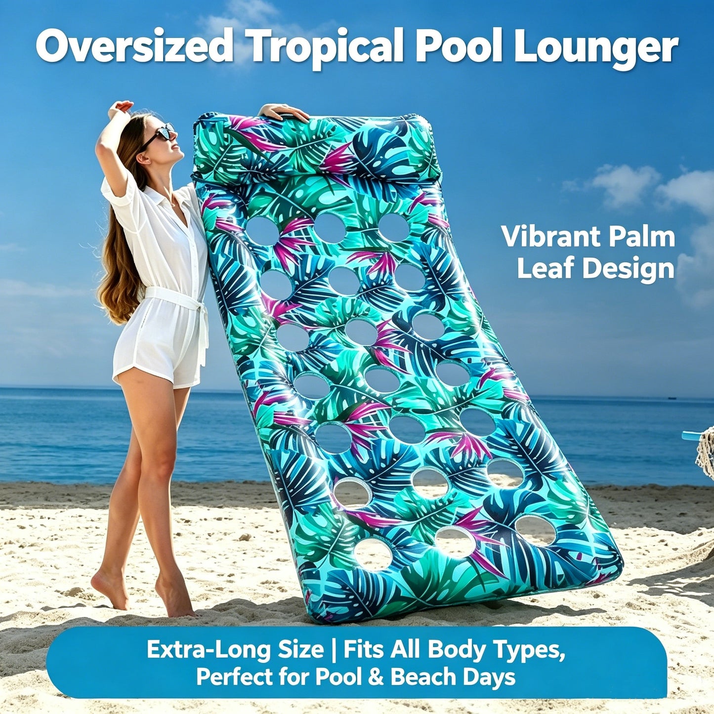 HeyGo 71" x 34" Inflatable Pool Float - 21-Hole Blue Adult Lounger with Headrest & Cup Holder, Heavy Duty Lake & Beach Raft