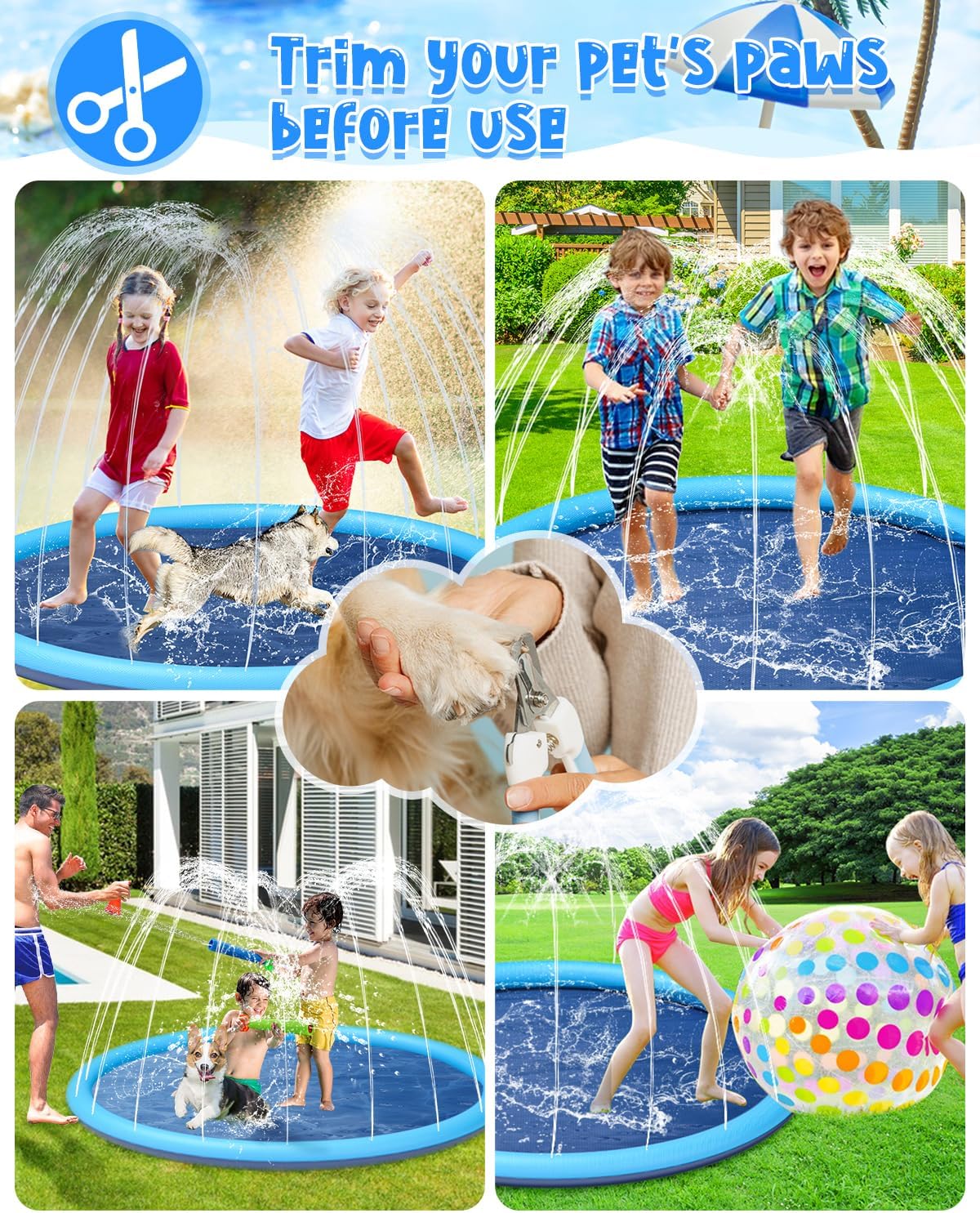 Jasonwell Non-Slip Splash Pad for Kids & Dogs, 77" Thickened Sprinkler Pool, Outdoor Water Toy for Children & Pets, Blue