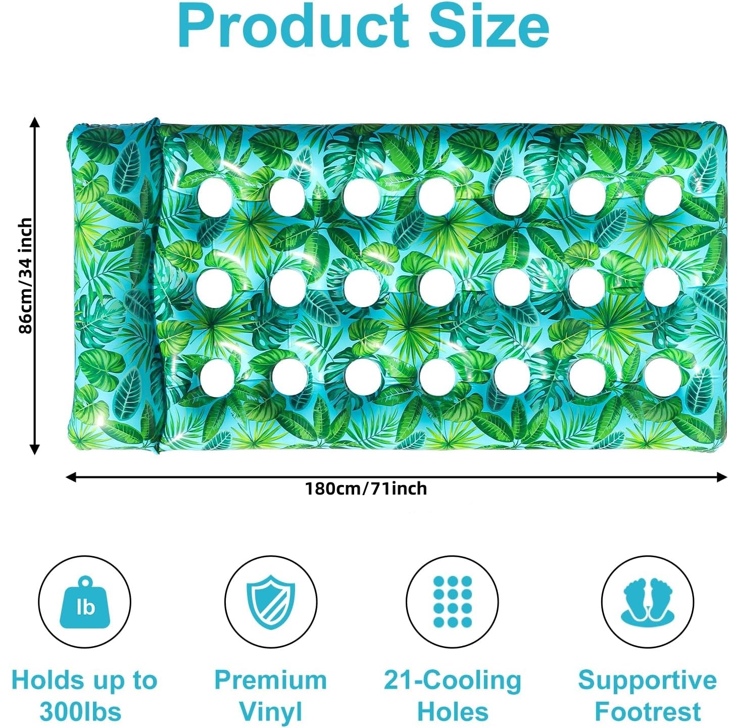 HeyGo 71"x34" Inflatable Pool Float, 21-Hole Green Adult Lounger with Headrest and Drink Holder, Heavy Duty for Pools & Beaches