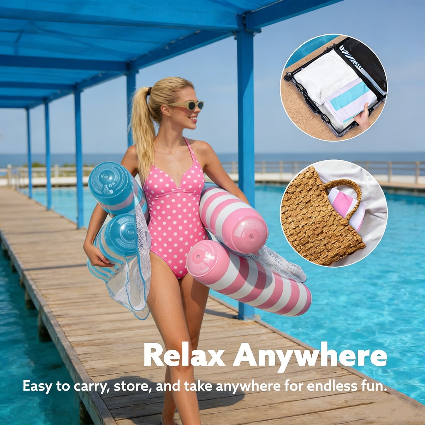 Jasonwell 2-Pack Hammock Pool Floats for Adults – 4-in-1 Inflatable Lounge Floaties, PVC, Aquablue & Pink, 48" x 31.5"