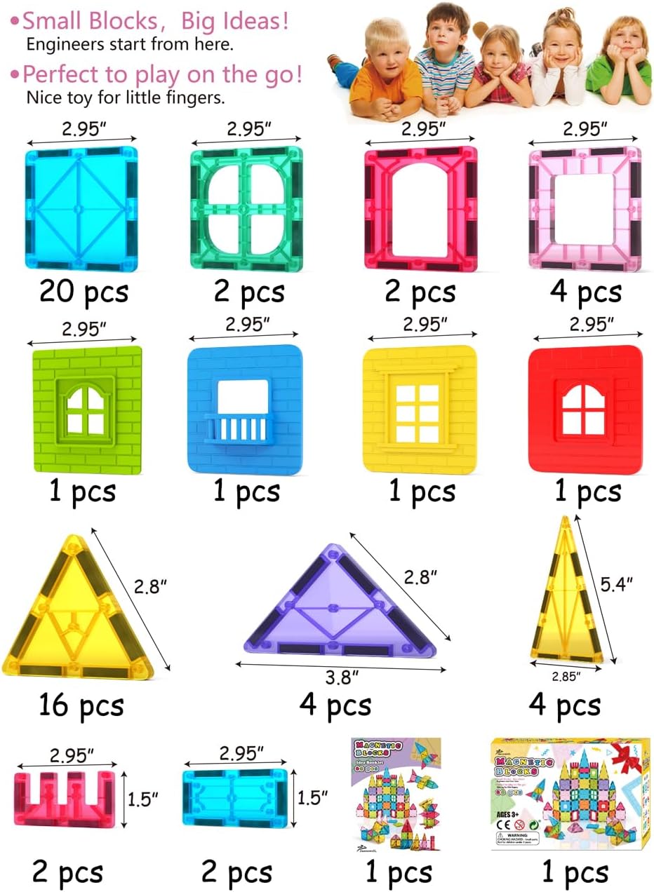 Jasonwell 60PCS Magnetic Tiles Building Set - 3D STEM Toys for Kids Age 3-9, Educational Gift for Toddlers & Preschoolers