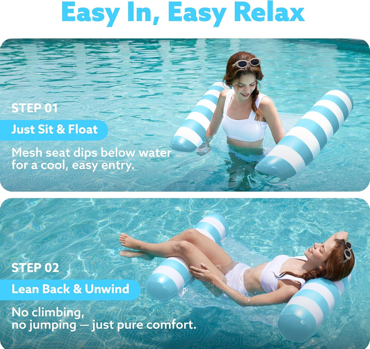 Jasonwell 2-Pack Hammock Pool Floats for Adults – 4-in-1 Inflatable Lounge Floaties, PVC, Aquablue & Pink, 48" x 31.5"