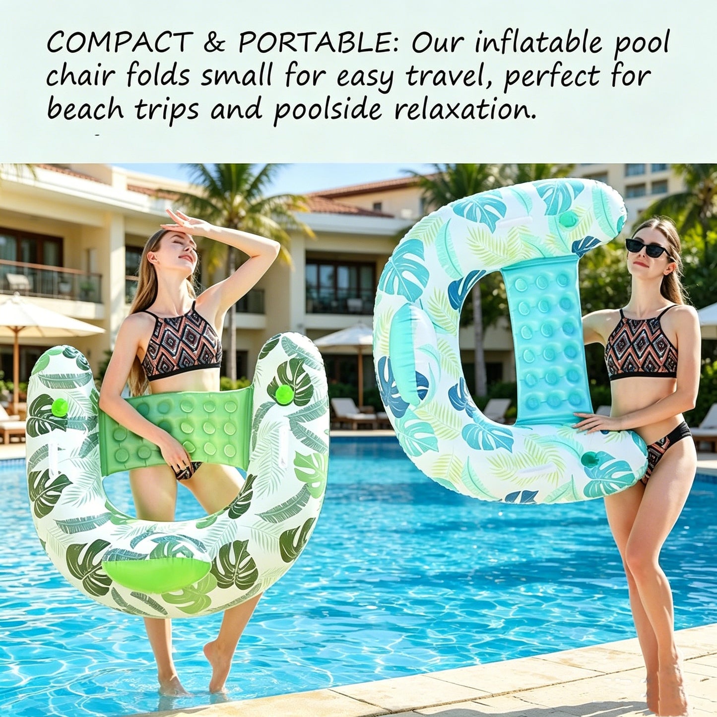 HeyGo 2-Pack U-Shaped Inflatable Pool Float Chairs with Cup Holders (Blue & Green, 44x37 in) Lounger for Summer Fun