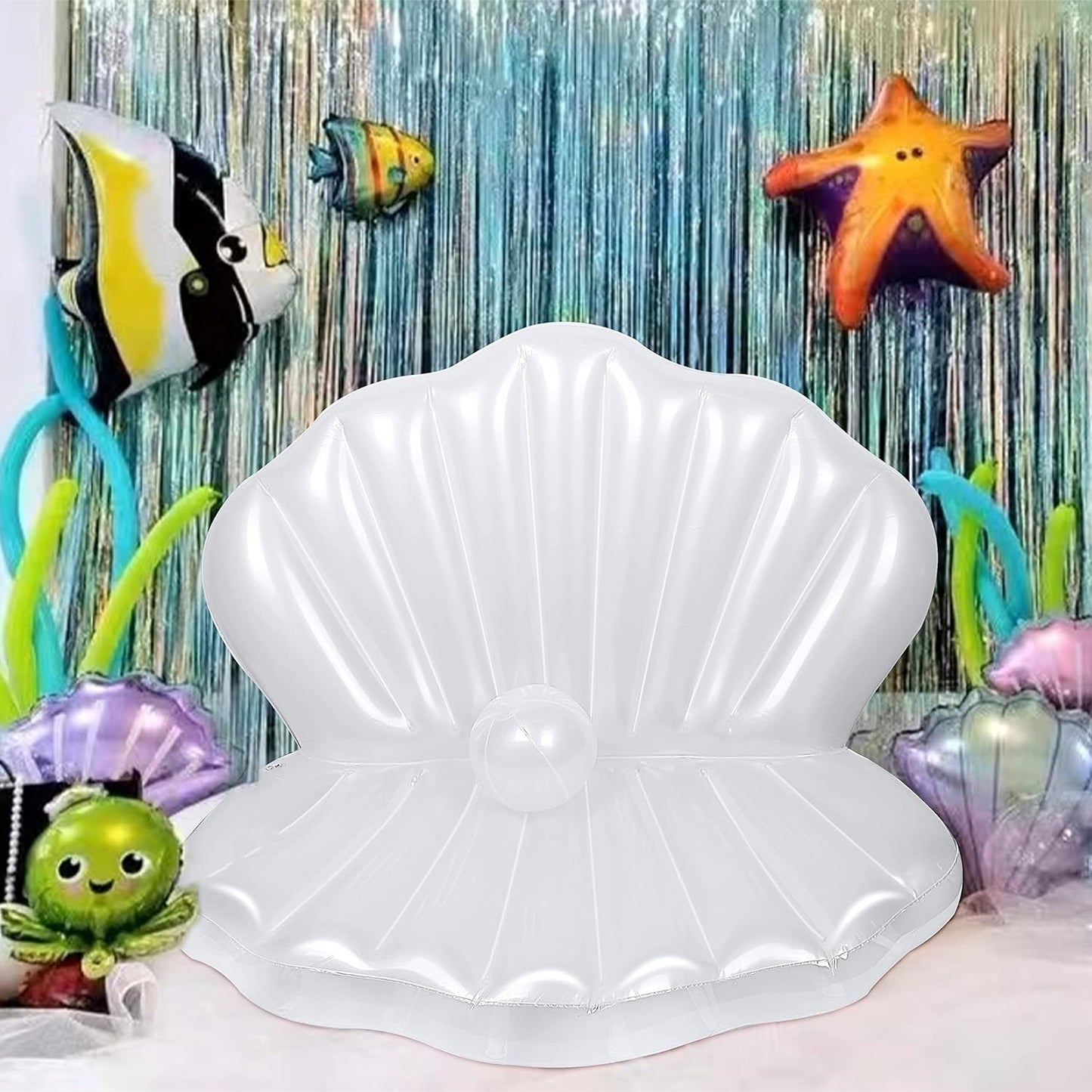 HeyGo 41" Giant Clam Pool Float with Pearl Ball, White Inflatable Shell for Kids, Perfect for Beach & Mermaid Birthday Parties