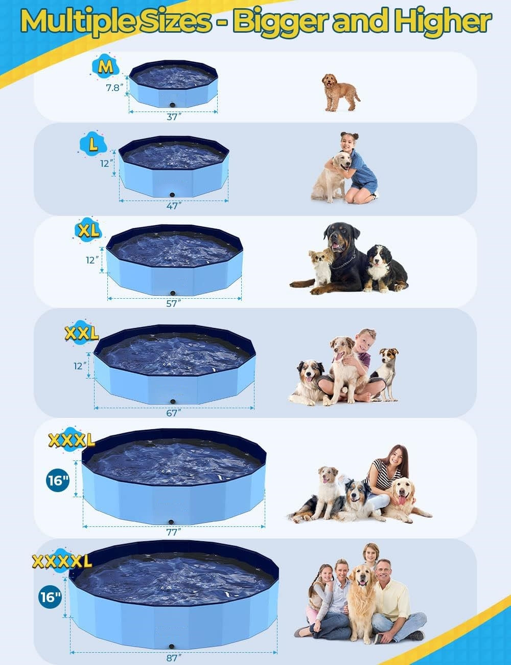Jasonwell Medium Foldable Dog Pool, 37"x8" Portable Hard Plastic Swimming Pool for Dogs, Cats & Kids, Collapsible Pet Bathing Tub, Blue