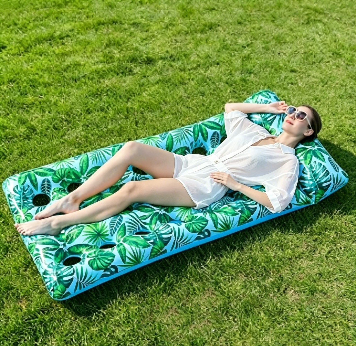 HeyGo 71"x34" Inflatable Pool Float, 21-Hole Green Adult Lounger with Headrest and Drink Holder, Heavy Duty for Pools & Beaches
