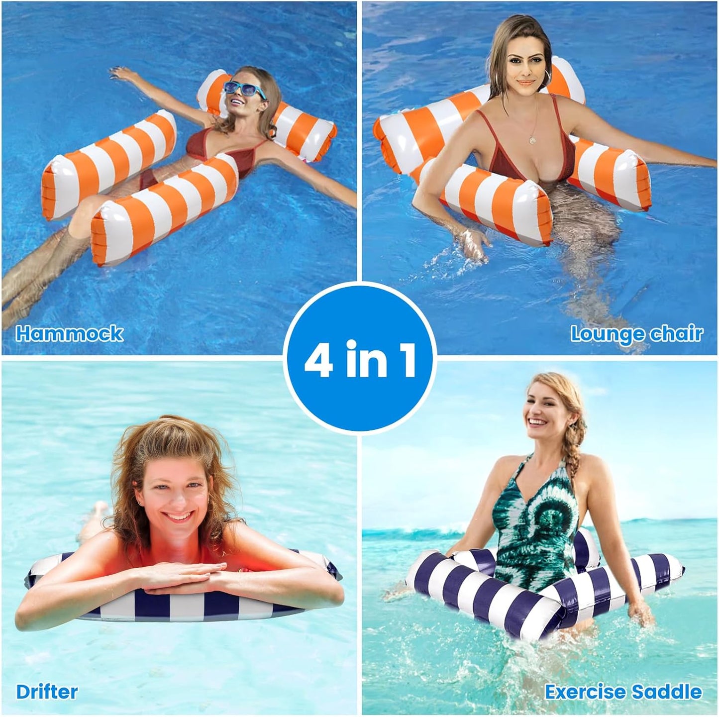Jasonwell 2-Pack Inflatable Pool Floats – 4-in-1 Hammock with Mesh Bottom, Floating Chair Bed for Adults, Dark Blue & Orange