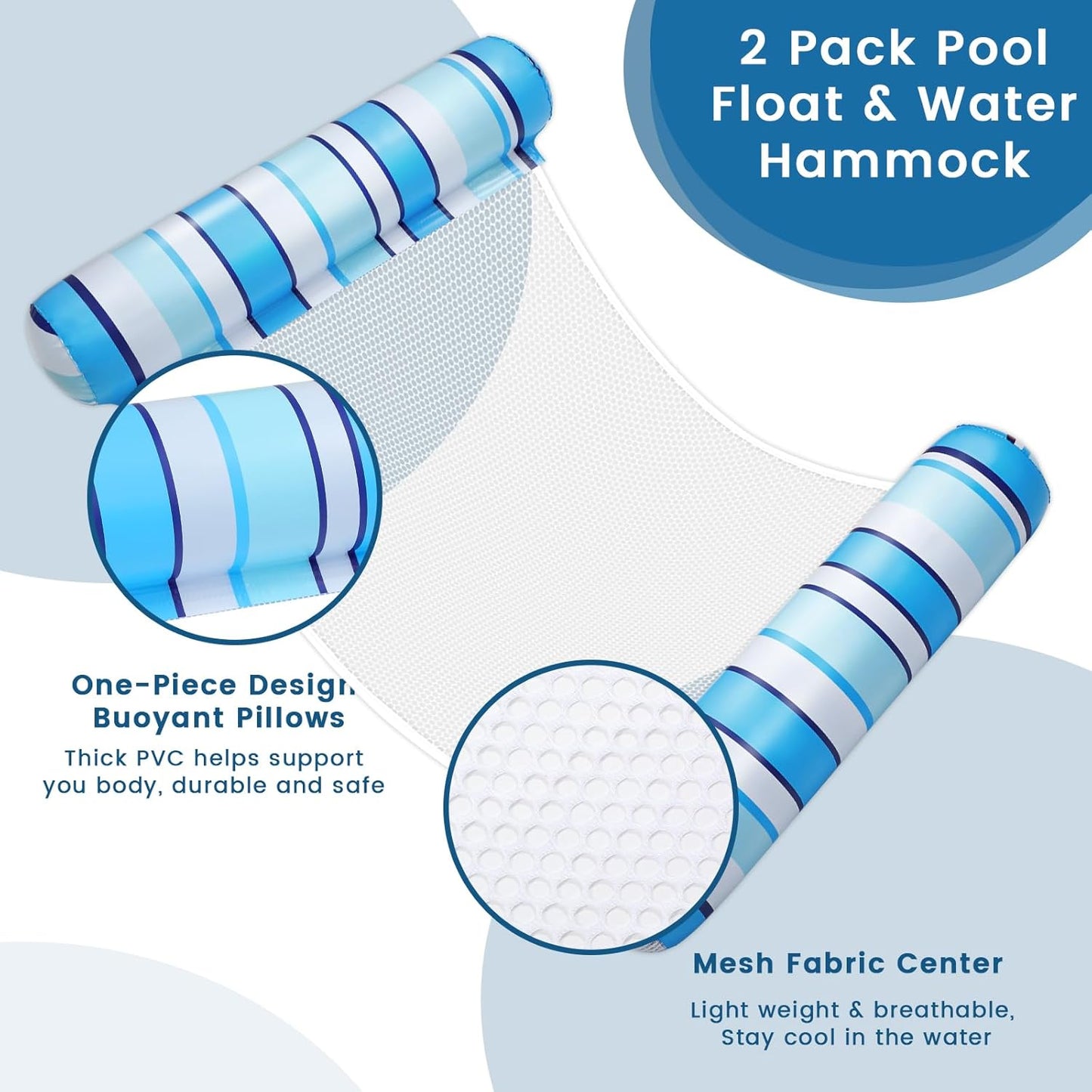 Jasonwell 2-Pack Pool Floats for Adults, 4-in-1 Inflatable Loungers, PVC Water Hammocks, Blue & Green Stripes, Large