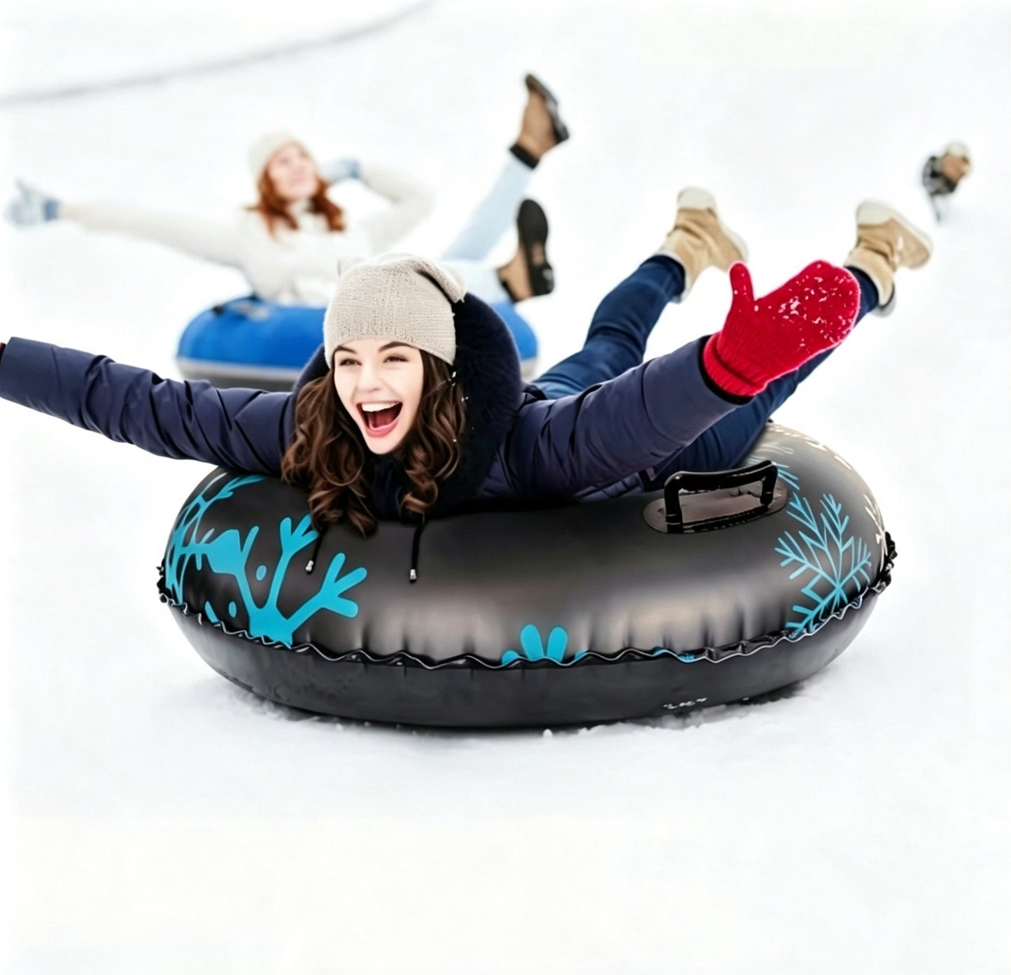 47 Inch Black Inflatable Snow Tube, Heavy-Duty PVC Sled with Sturdy Handles, Family Winter Outdoor Sledding Toy for Christmas & Thanksgiving Holiday Activities