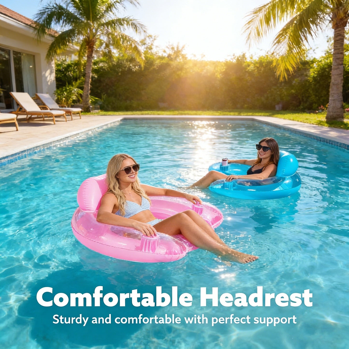 Jasonwell 2-Pack Inflatable Pool Chairs with Cup Holders, 49"x35" Hammock Noodle Mat for Summer Fun, Blue & Pink