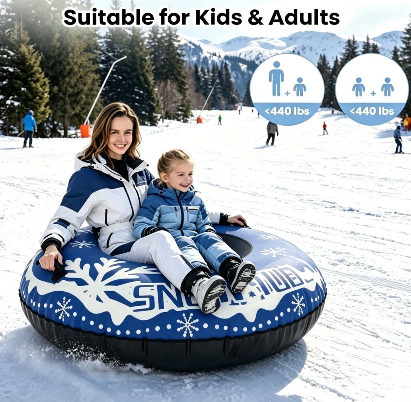 47 Inch Blue Inflatable Snow Tube Sled with 2 Reinforced High Handles, Heavy-Duty Reinforced Bottom Winter Sled for Family Outdoor Games & Christmas Activities