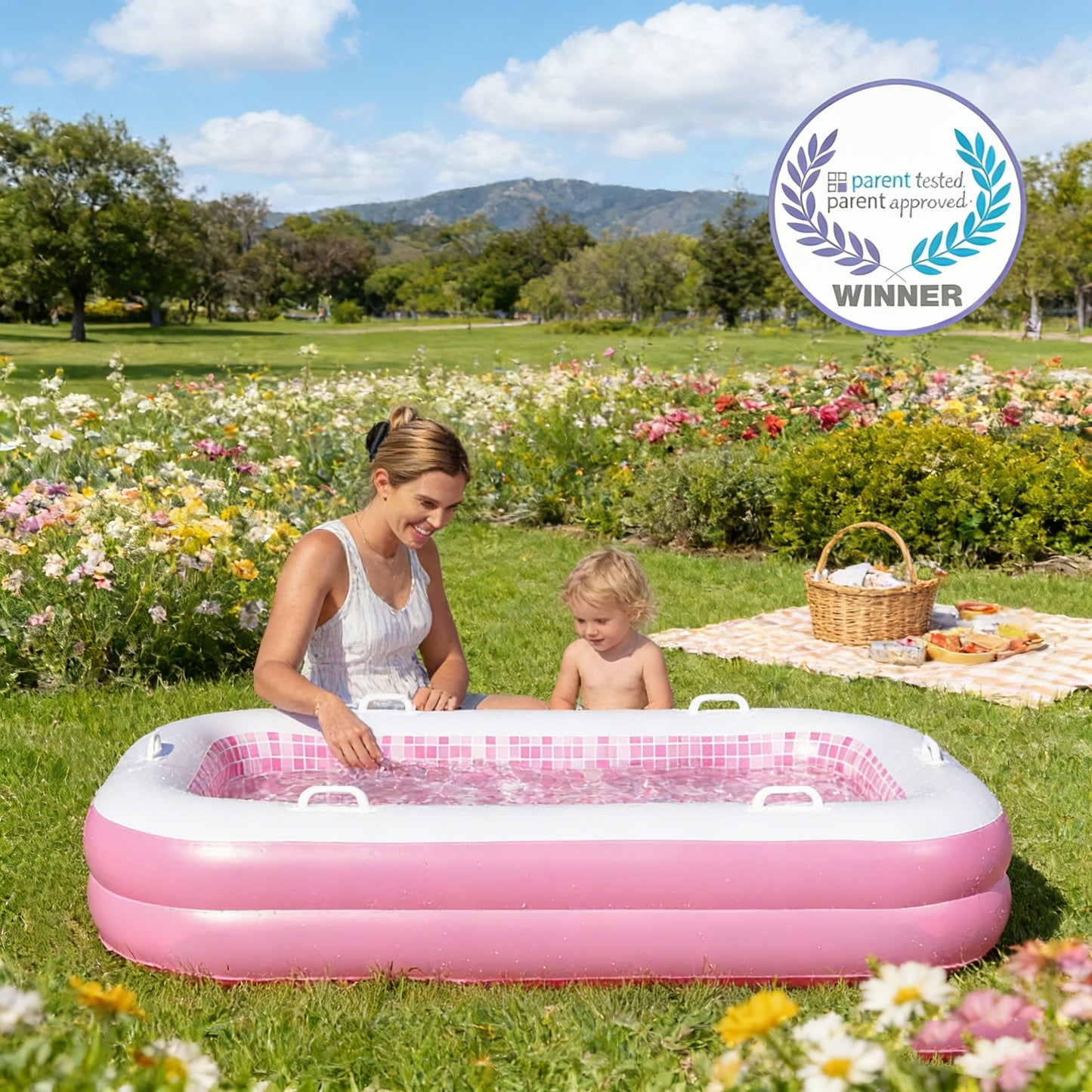 Jasonwell 2-in-1 Inflatable Kiddie Pool 65"x39"x10", Soft Cushioned Floor, Handles & Drain, Rectangular Pool for Kids 2+, Pink