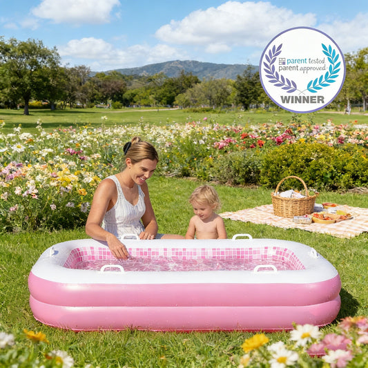 Jasonwell 2-in-1 Inflatable Kiddie Pool 65"x39"x10", Soft Cushioned Floor, Handles & Drain, Rectangular Pool for Kids 2+, Pink