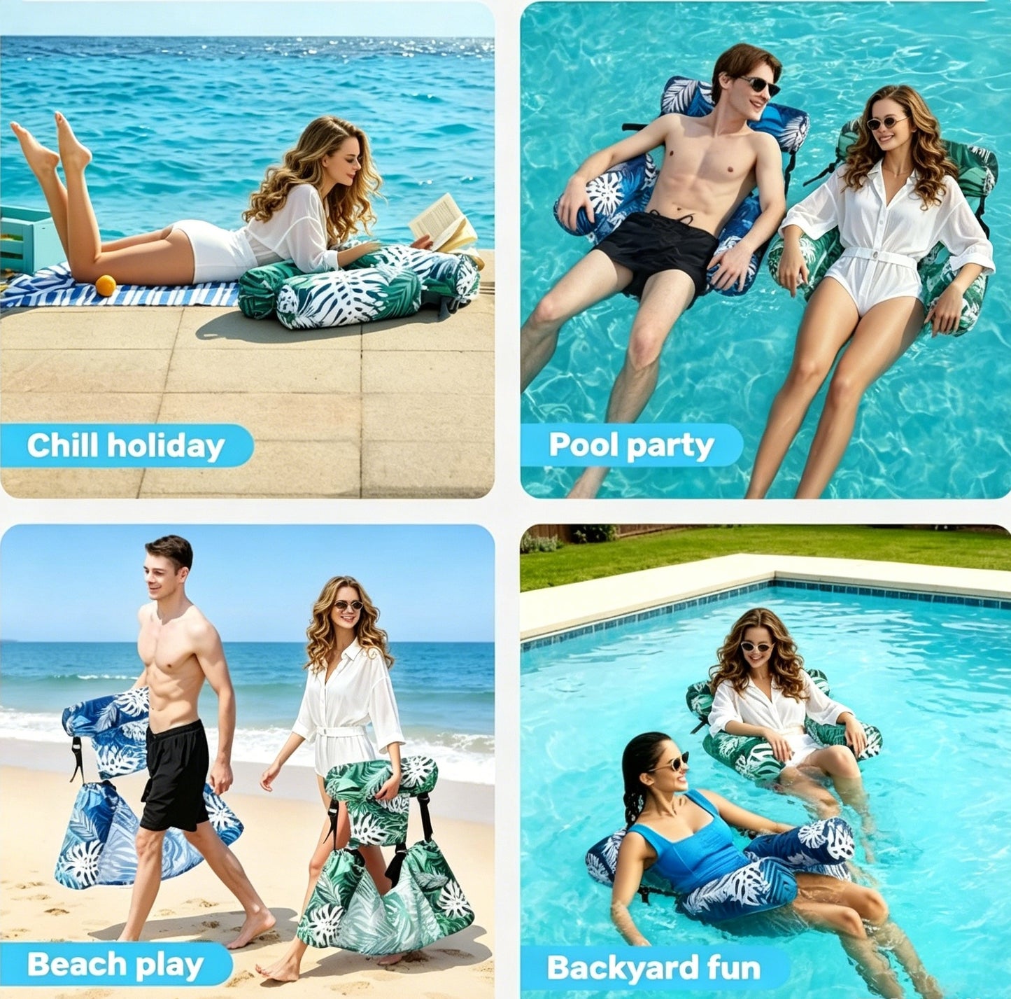 HeyGo 2-Pack Cloth-Covered Pool Float Lounge Chairs (Green & Blue, 46x33 in) for Summer Beach & Water Parties